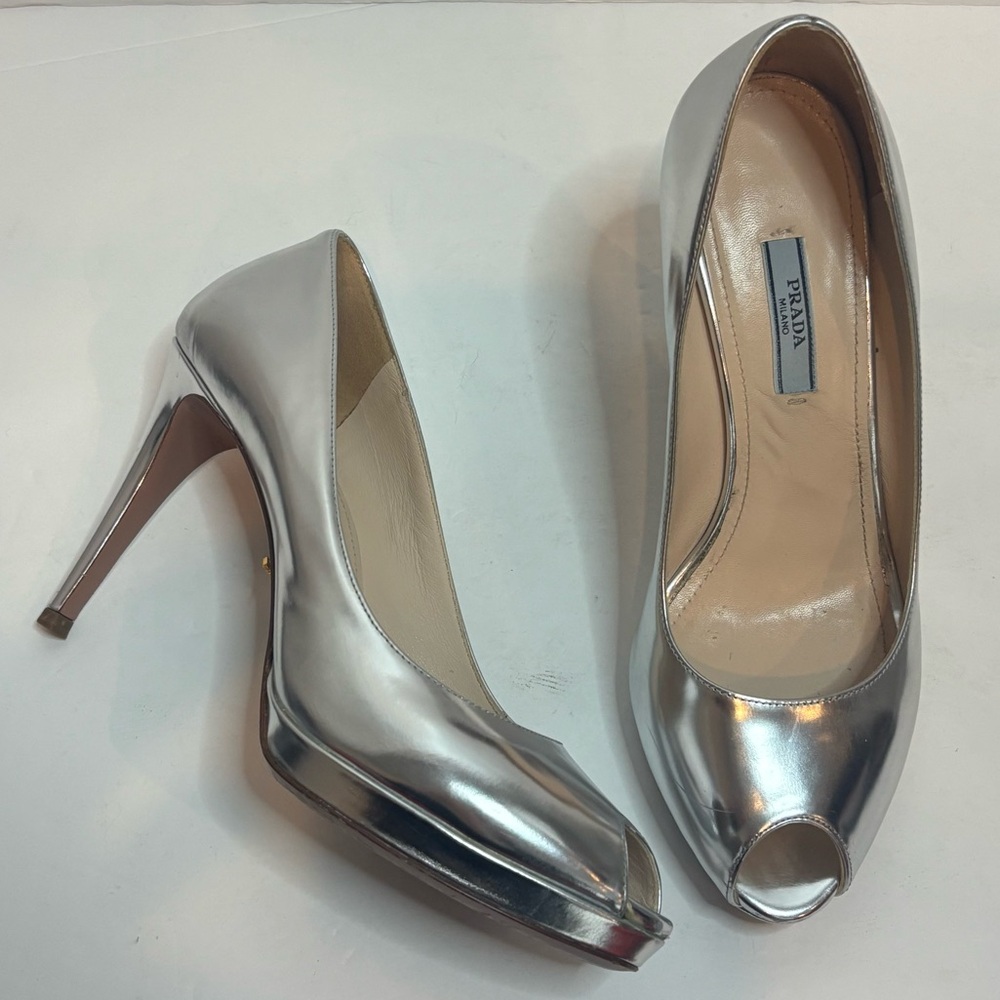 Prada Silver Peep-Toe Heels